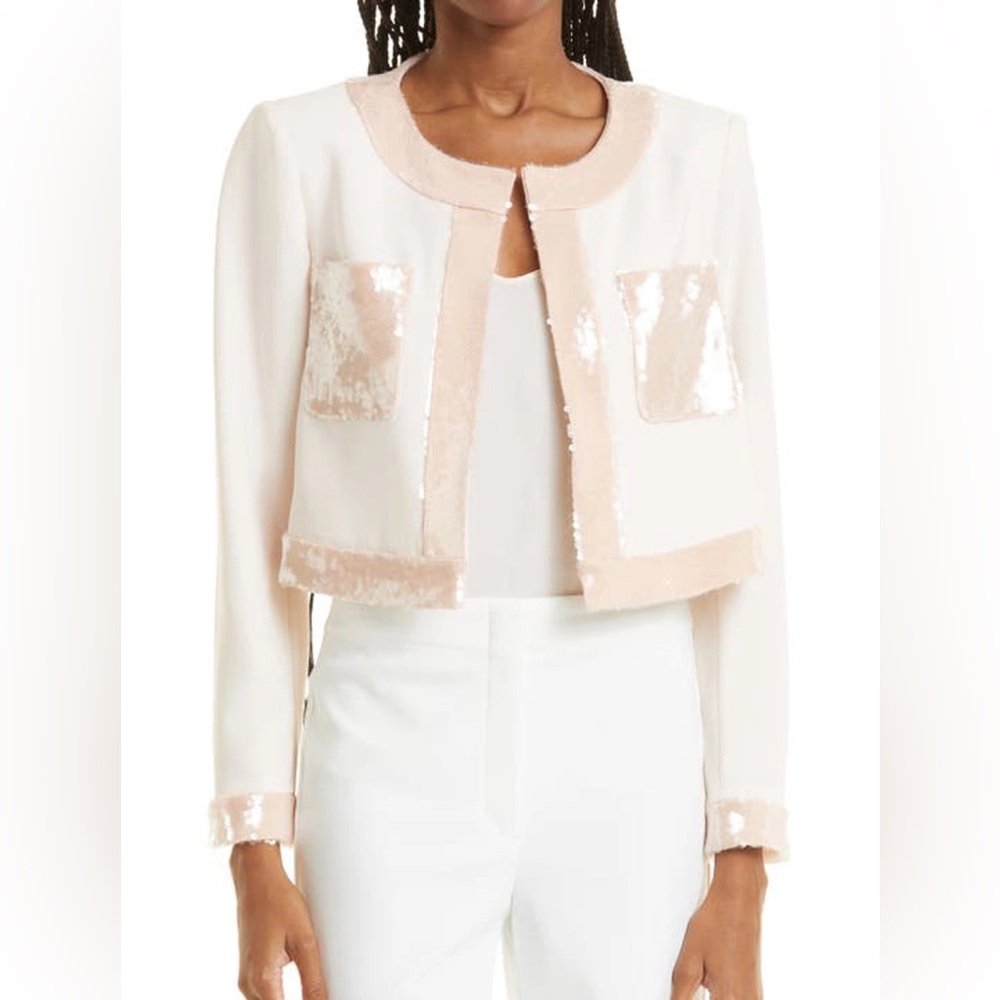 NWT Cinq a Sept Rina Sequin Trim Crop Jacket In Pearl/ Travertine - 10